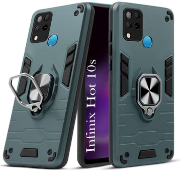 For Infinix Hot 10s Back Cover Case (Dual Layer Hybrid Armor | Ring Holder & Kickstand in-Built | 360 Degree Shockproof Protection)