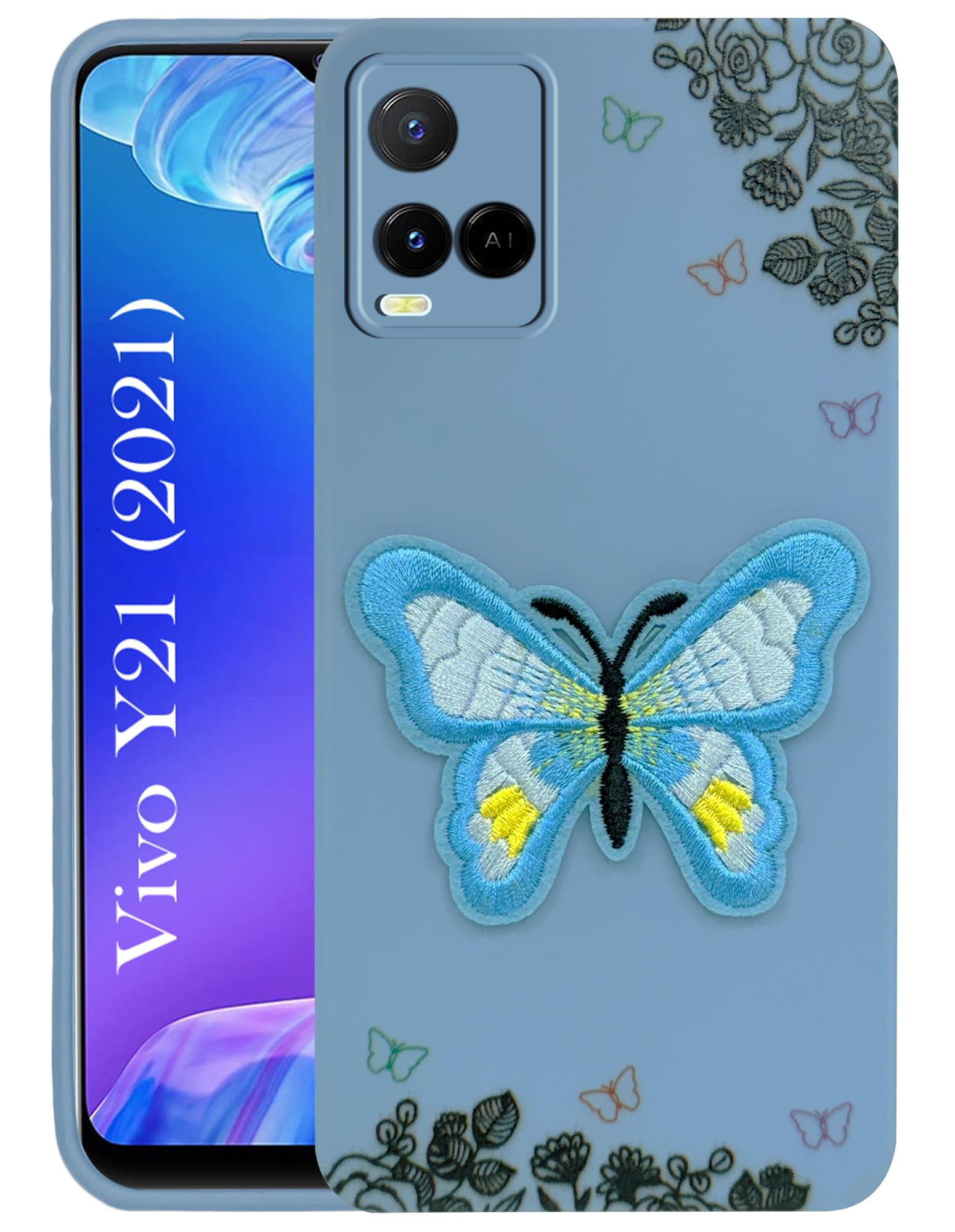 For Vivo Y21 2021 Back Cover Case (Soft Butterfly Embroidery | Women Teen Girls | Camera Protection| Matte Silicone)