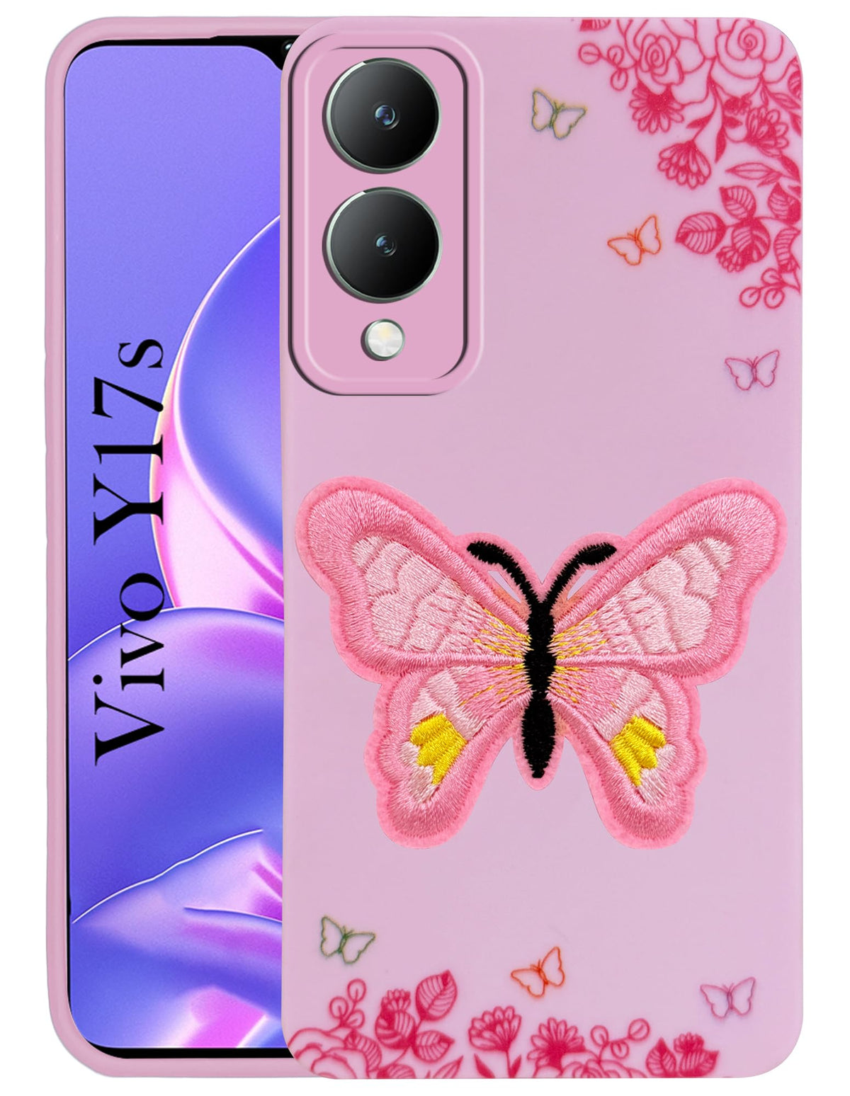 For Vivo Y17s Back Cover Case (Soft Butterfly Embroidery | Women Teen Girls | Camera Protection| Matte Silicone)