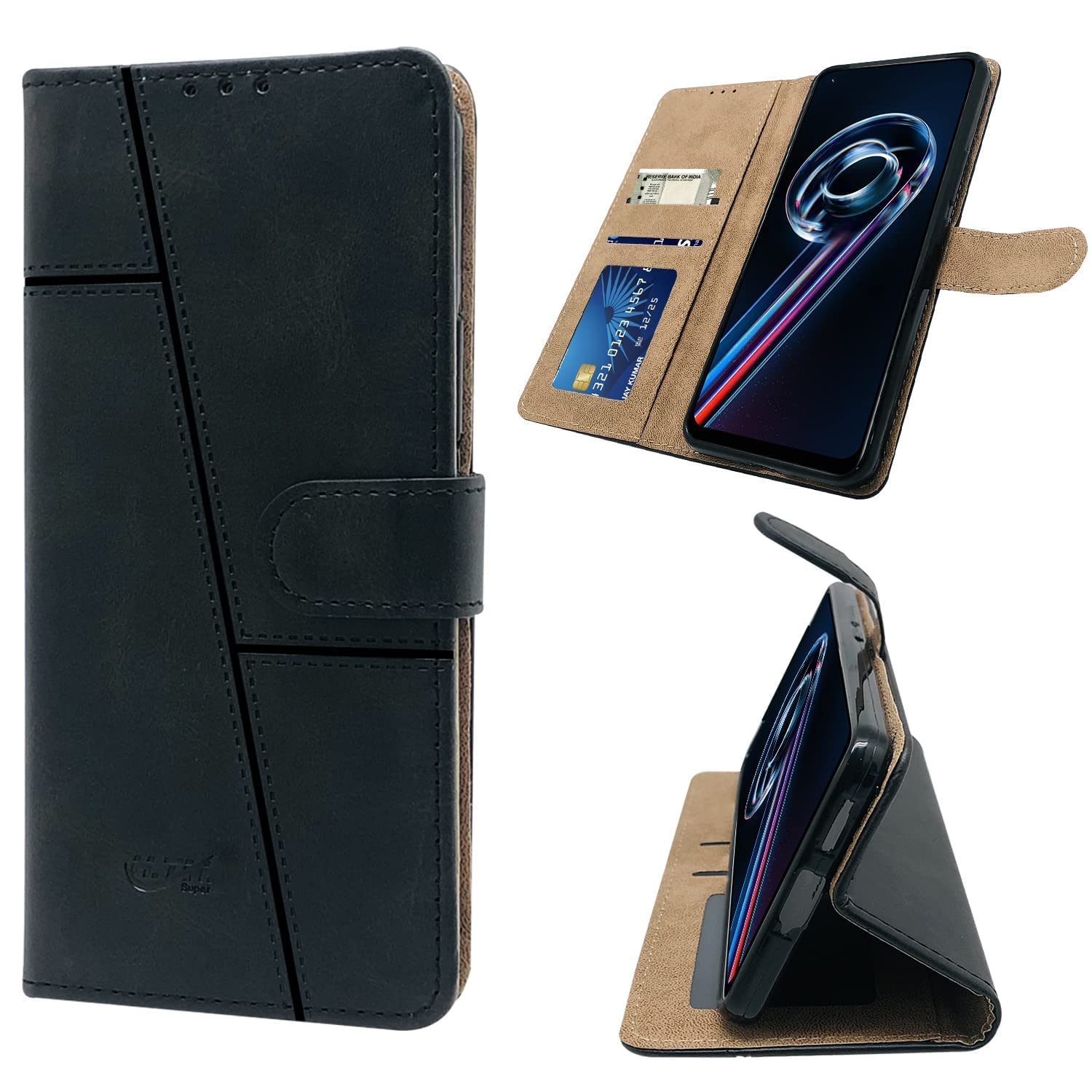For Realme 9 Pro Flip Cover Case (Stitched Leather Finish | Magnetic Closure | Inner TPU | Foldable Stand | Wallet Card Slots)