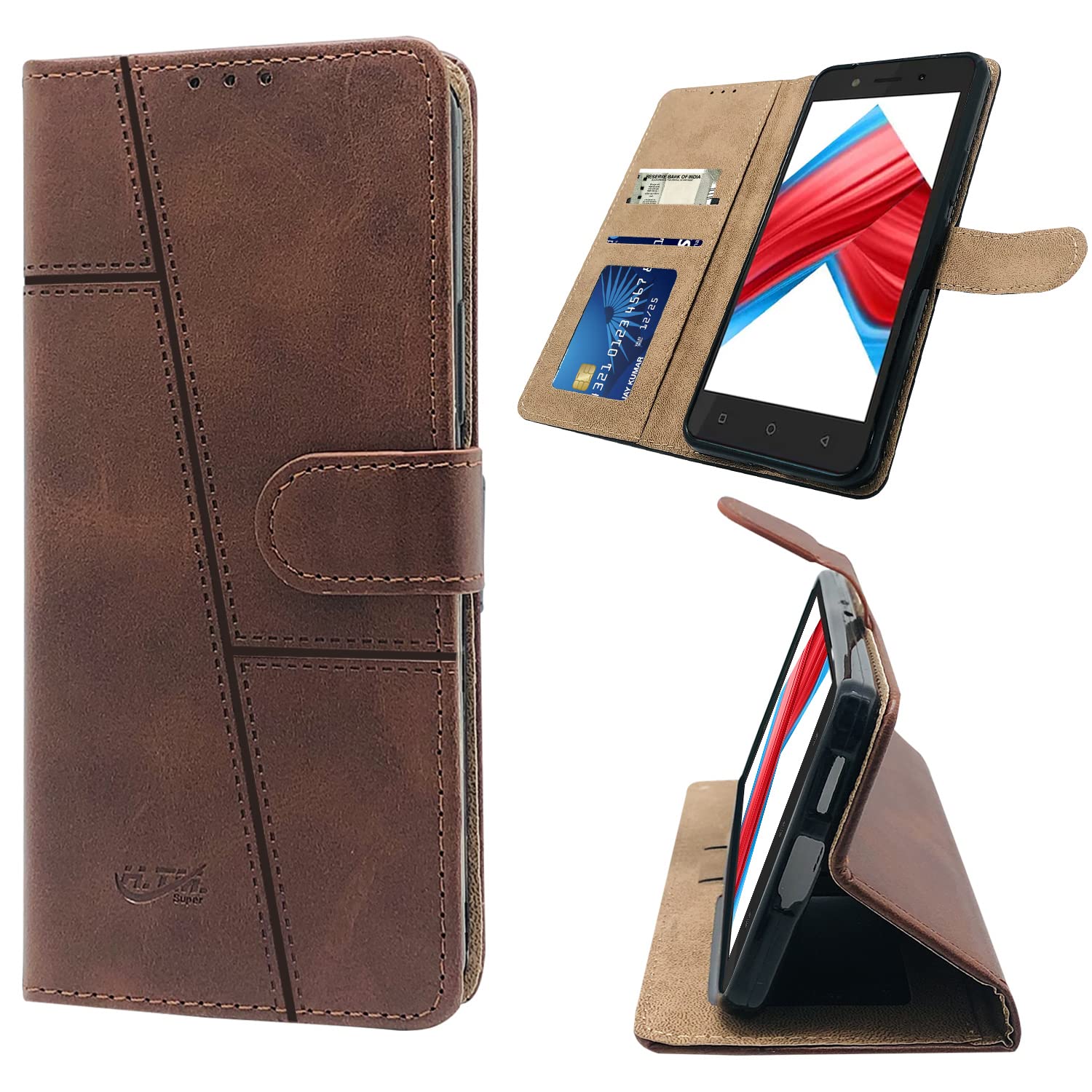 For Itel A23 Flip Cover Case (Stitched Leather Finish | Magnetic Closure | Foldable Stand | Wallet Card Slots)
