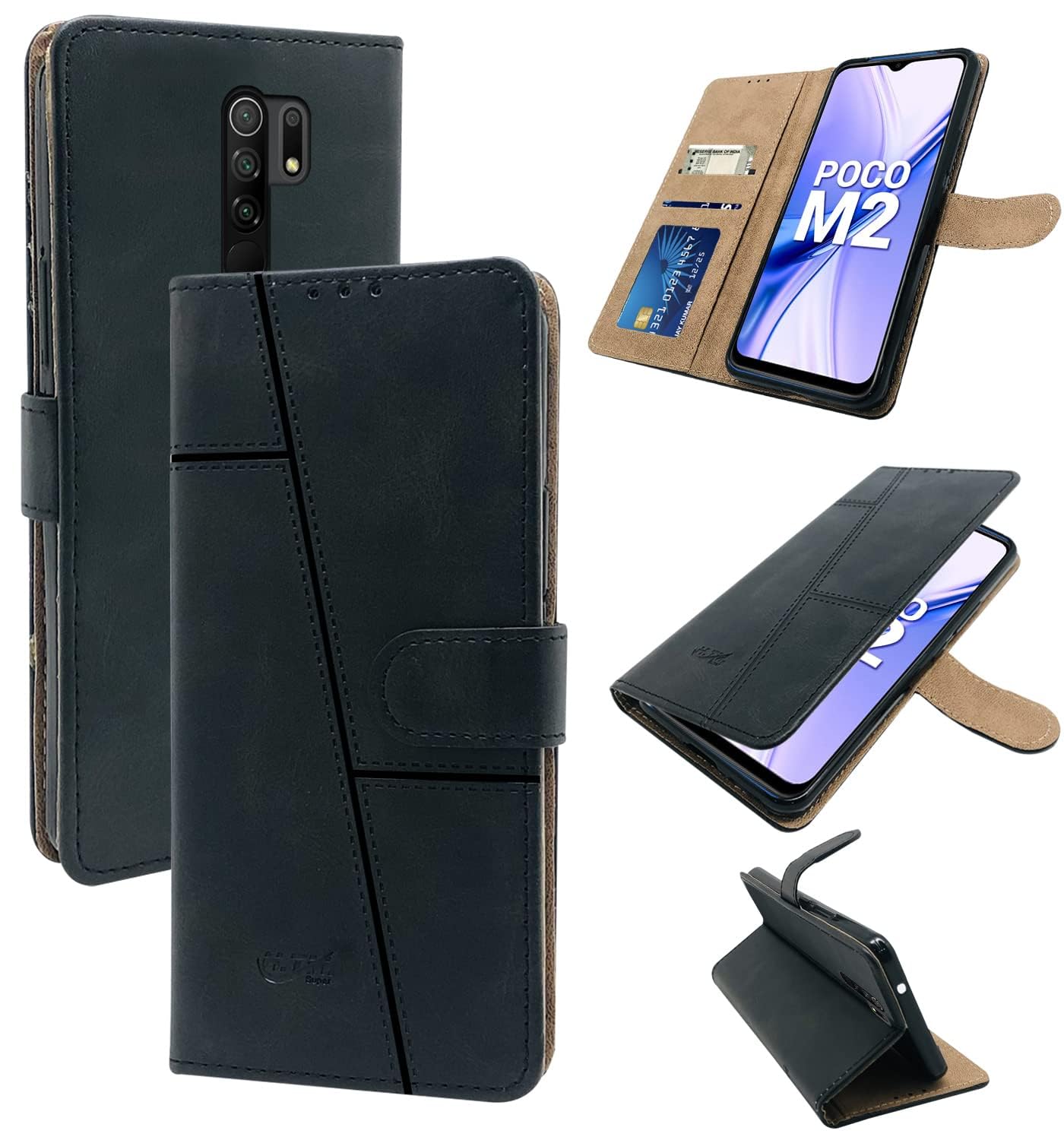 For Poco M2 Flip Cover Case (Stitched Leather Finish | Magnetic Closure | Inner TPU | Foldable Stand | Wallet Card Slots)
