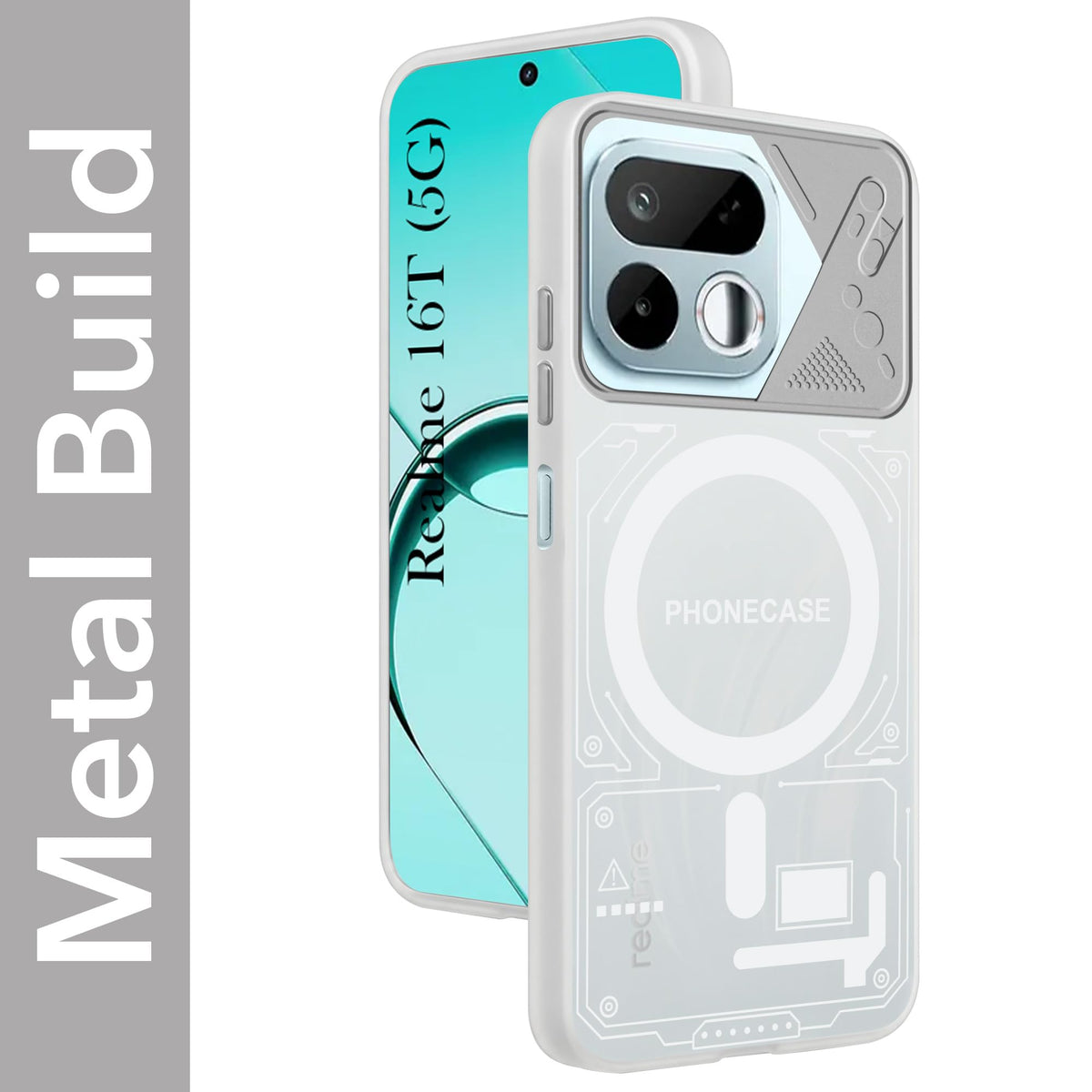 For Realme 16T 5G Metallic Back Cover Case (Metallic Camera Protection & Buttons | Translucent Milky Shade | Hard Polycarbonate)