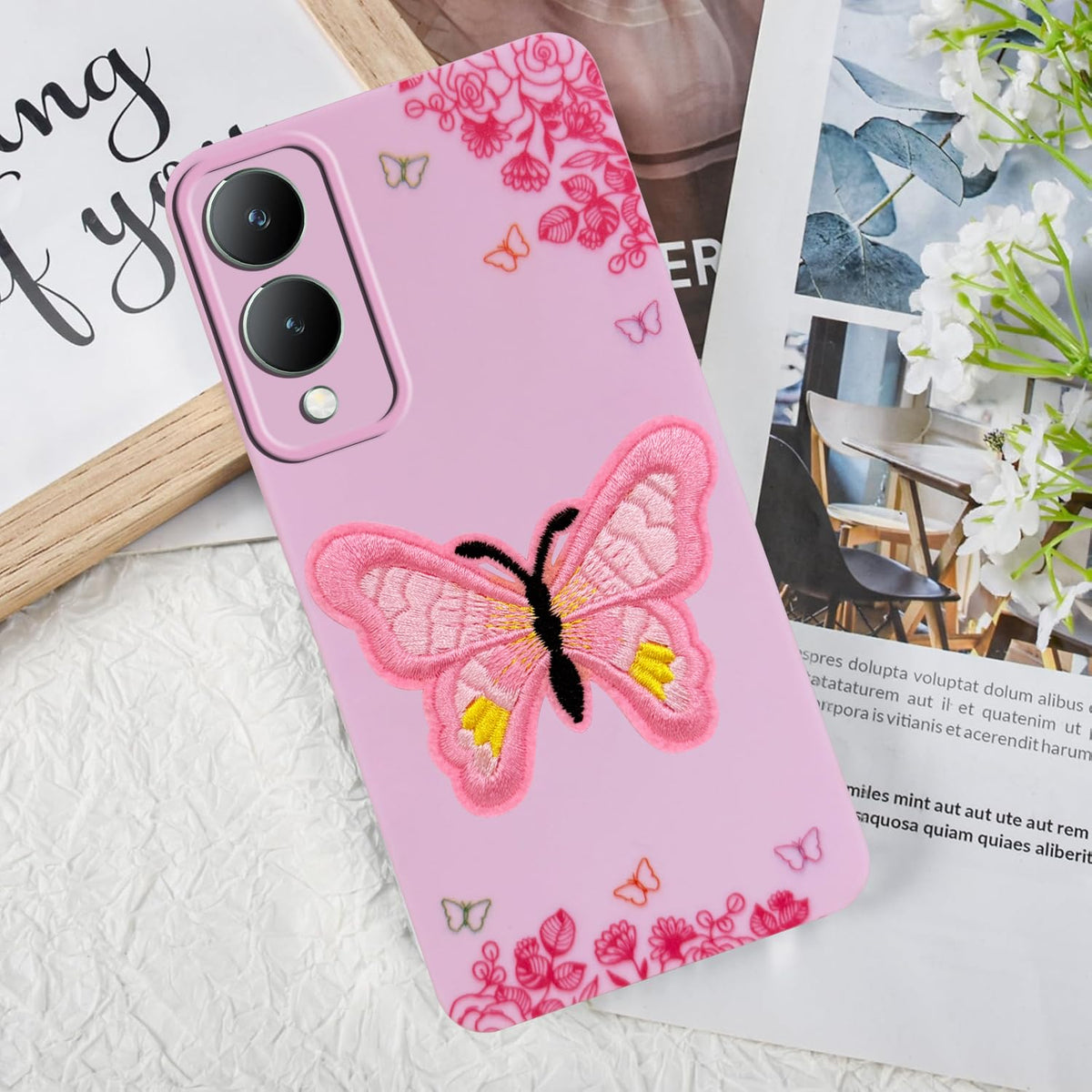 For Vivo Y17s Back Cover Case (Soft Butterfly Embroidery | Women Teen Girls | Camera Protection| Matte Silicone)