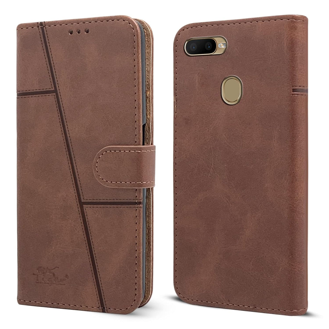 For Oppo A7 Flip Cover Case (Stitched Leather Finish | Magnetic Closure | Inner TPU | Foldable Stand | Wallet Card Slots)