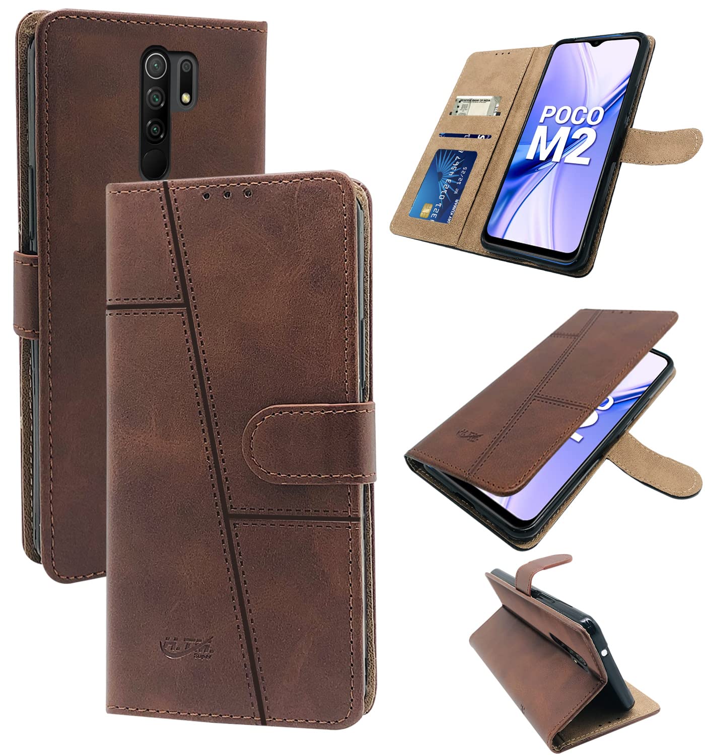 For Poco M2 Flip Cover Case (Stitched Leather Finish | Magnetic Closure | Inner TPU | Foldable Stand | Wallet Card Slots)