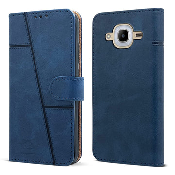 For Samsung Galaxy J2 2016 Flip Cover Case (Stitched Leather Finish | Magnetic Closure | Inner TPU | Foldable Stand | Wallet Card Slots)