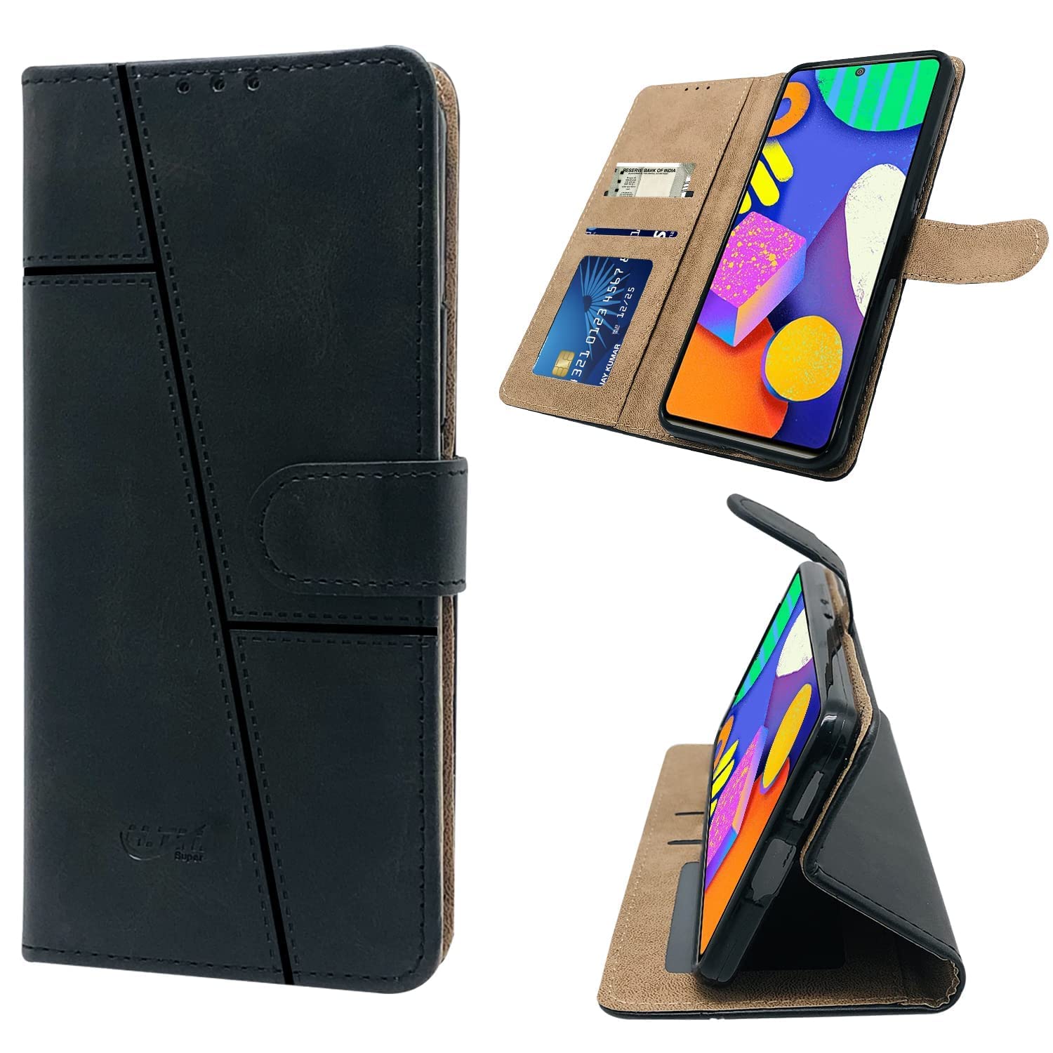 For Samsung Galaxy M62 Flip Cover Case (Stitched Leather Finish | Inner TPU | Foldable Stand | Wallet Card Slots)