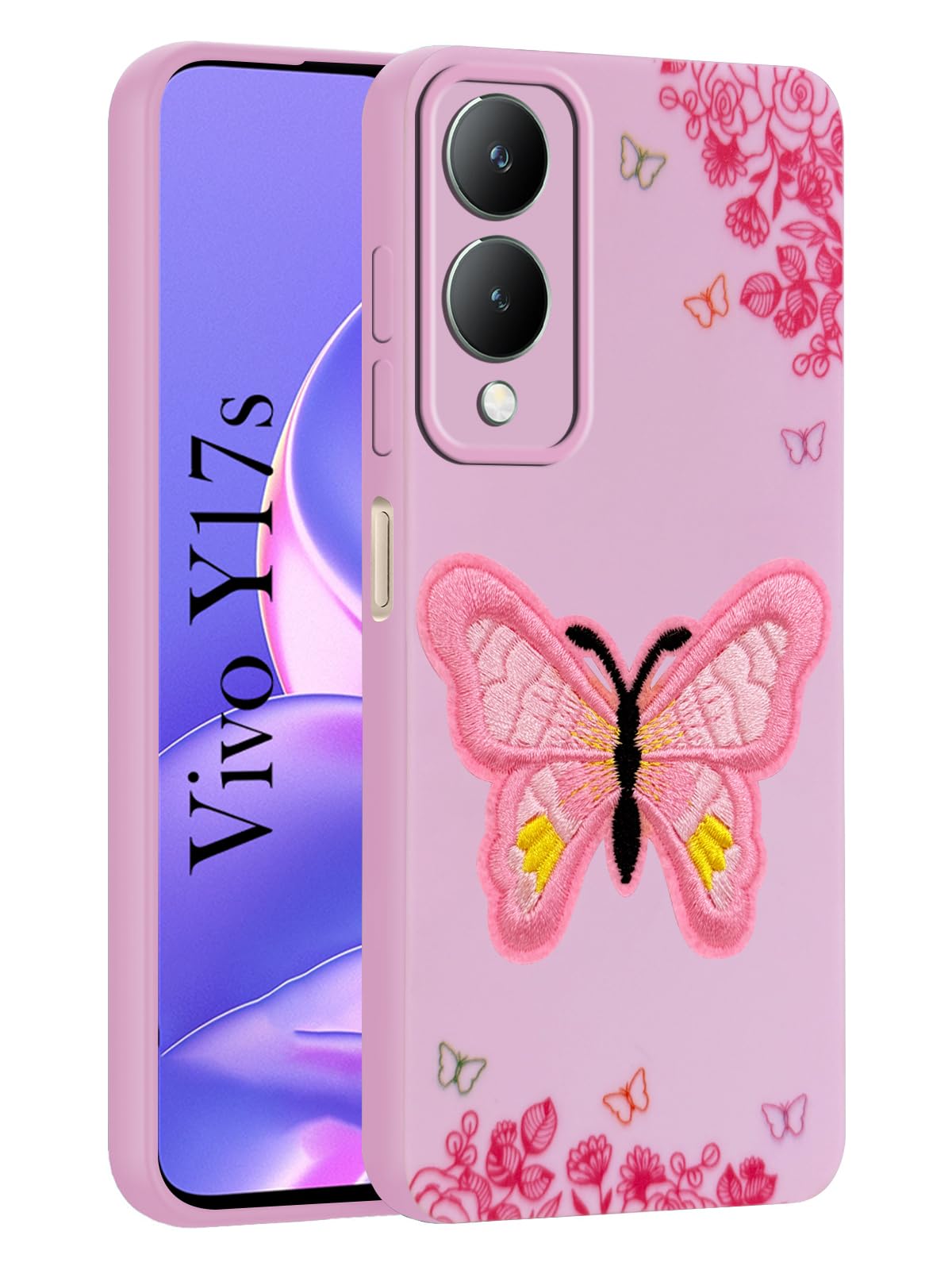 For Vivo Y17s Back Cover Case (Soft Butterfly Embroidery | Women Teen Girls | Camera Protection| Matte Silicone)
