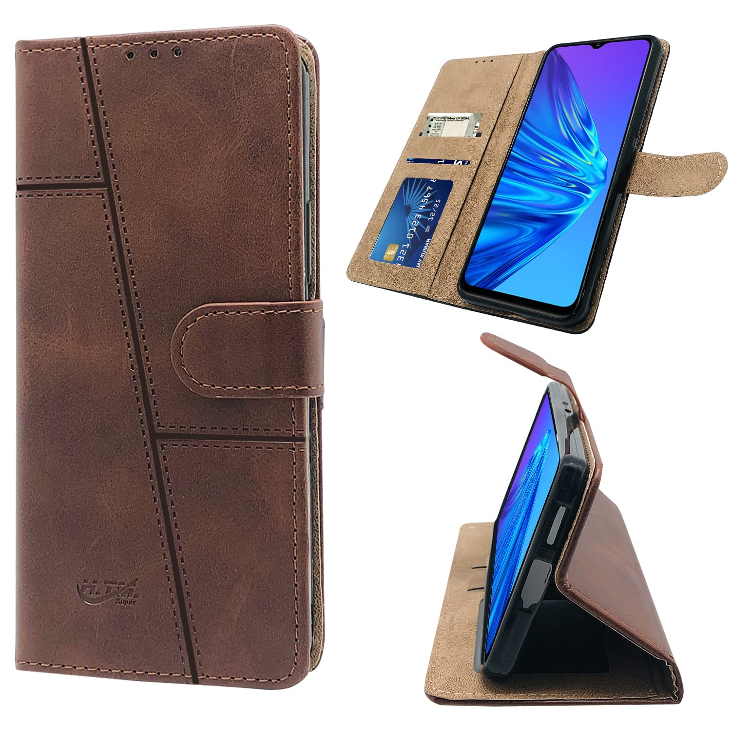 For Realme Narzo 10 Flip Cover Case (Stitched Leather Finish | Magnetic Closure | Inner TPU | Foldable Stand | Wallet Card Slots)