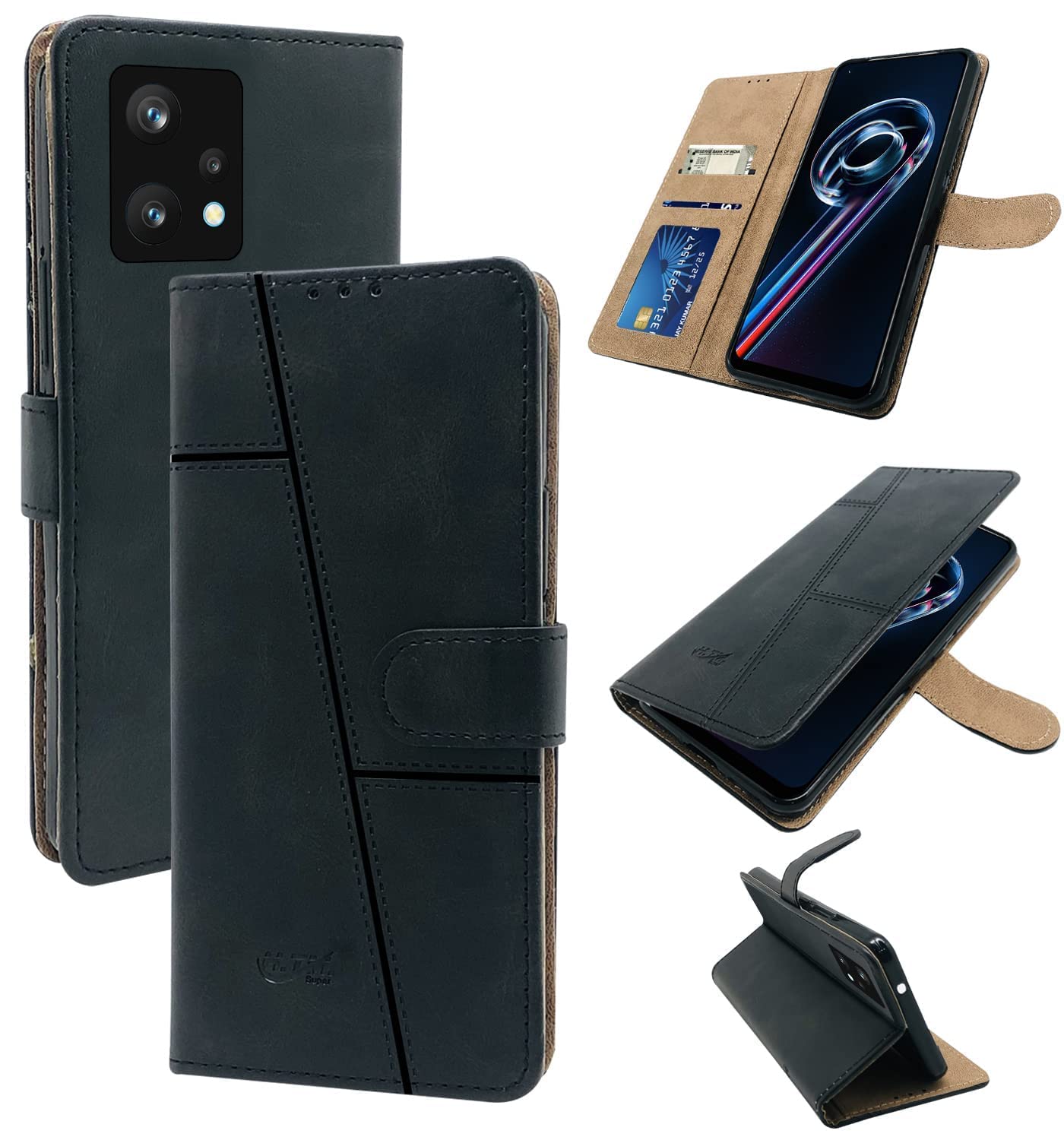 For Realme 9 Pro Flip Cover Case (Stitched Leather Finish | Magnetic Closure | Inner TPU | Foldable Stand | Wallet Card Slots)