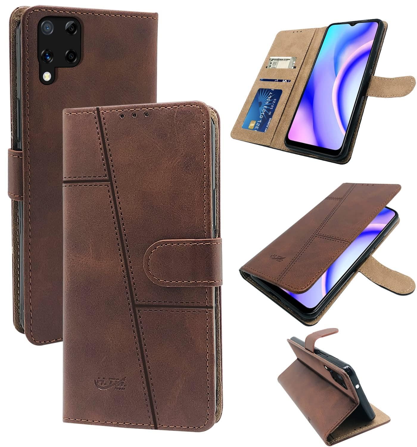 For Realme C15 Flip Cover Case (Stitched Leather Finish | Magnetic Closure | Inner TPU | Foldable Stand | Wallet Card Slots)