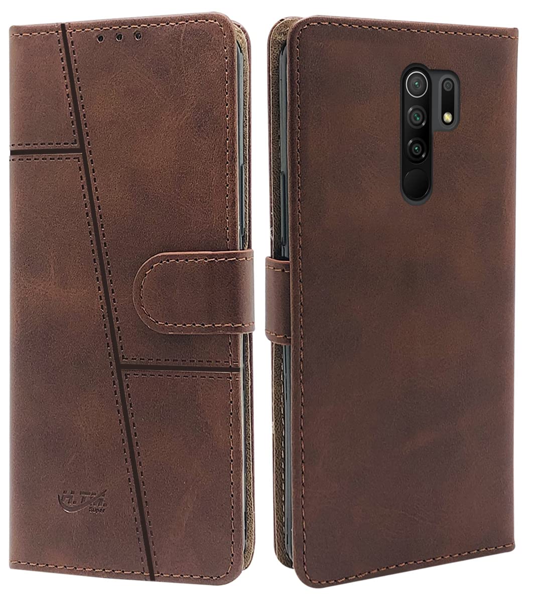 For Poco M2 Flip Cover Case (Stitched Leather Finish | Magnetic Closure | Inner TPU | Foldable Stand | Wallet Card Slots)