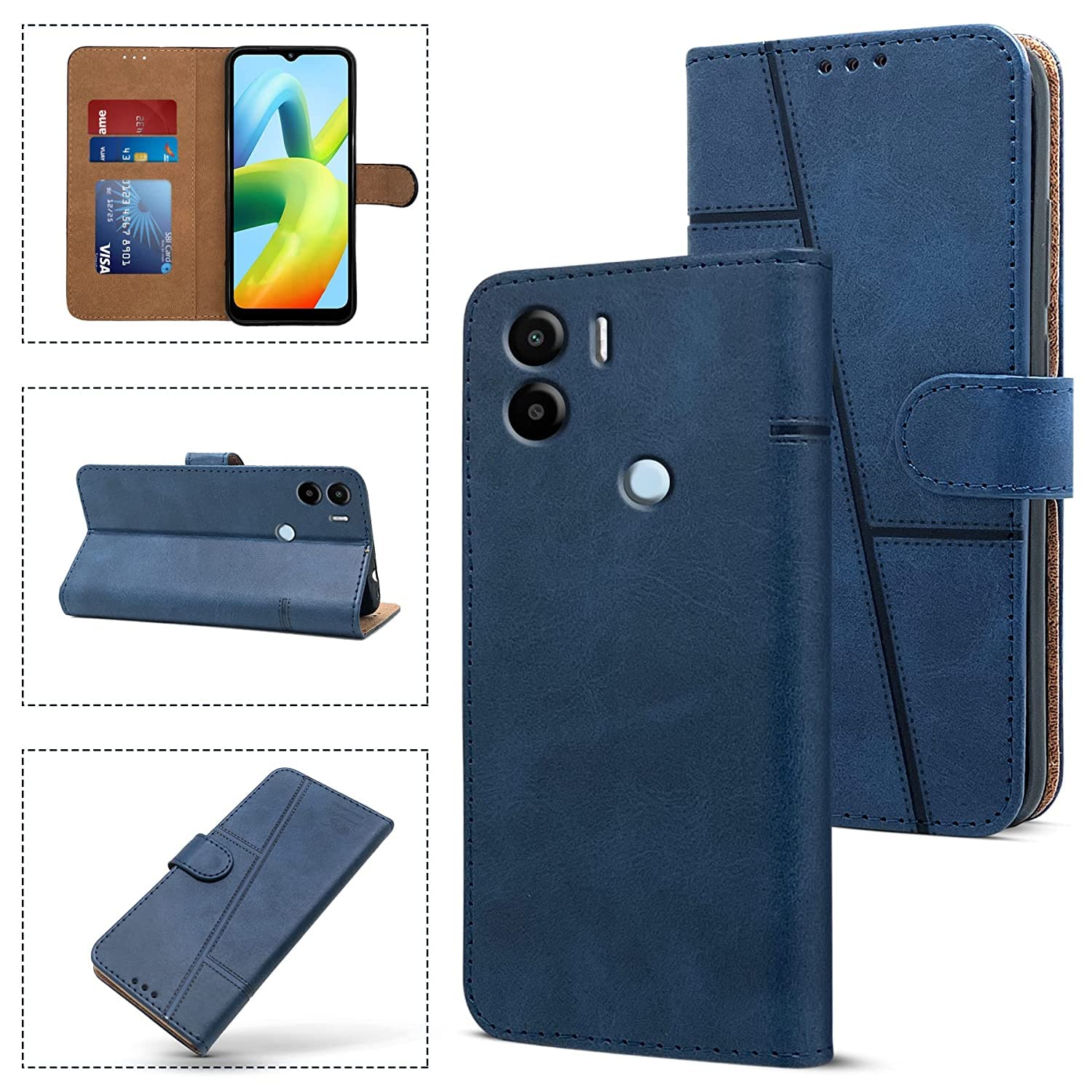 For Xiaomi Redmi A1 Plus | A2 Plus Flip Cover Case (Stitched Leather Finish | Inner TPU | Foldable Stand | Wallet Card Slots)