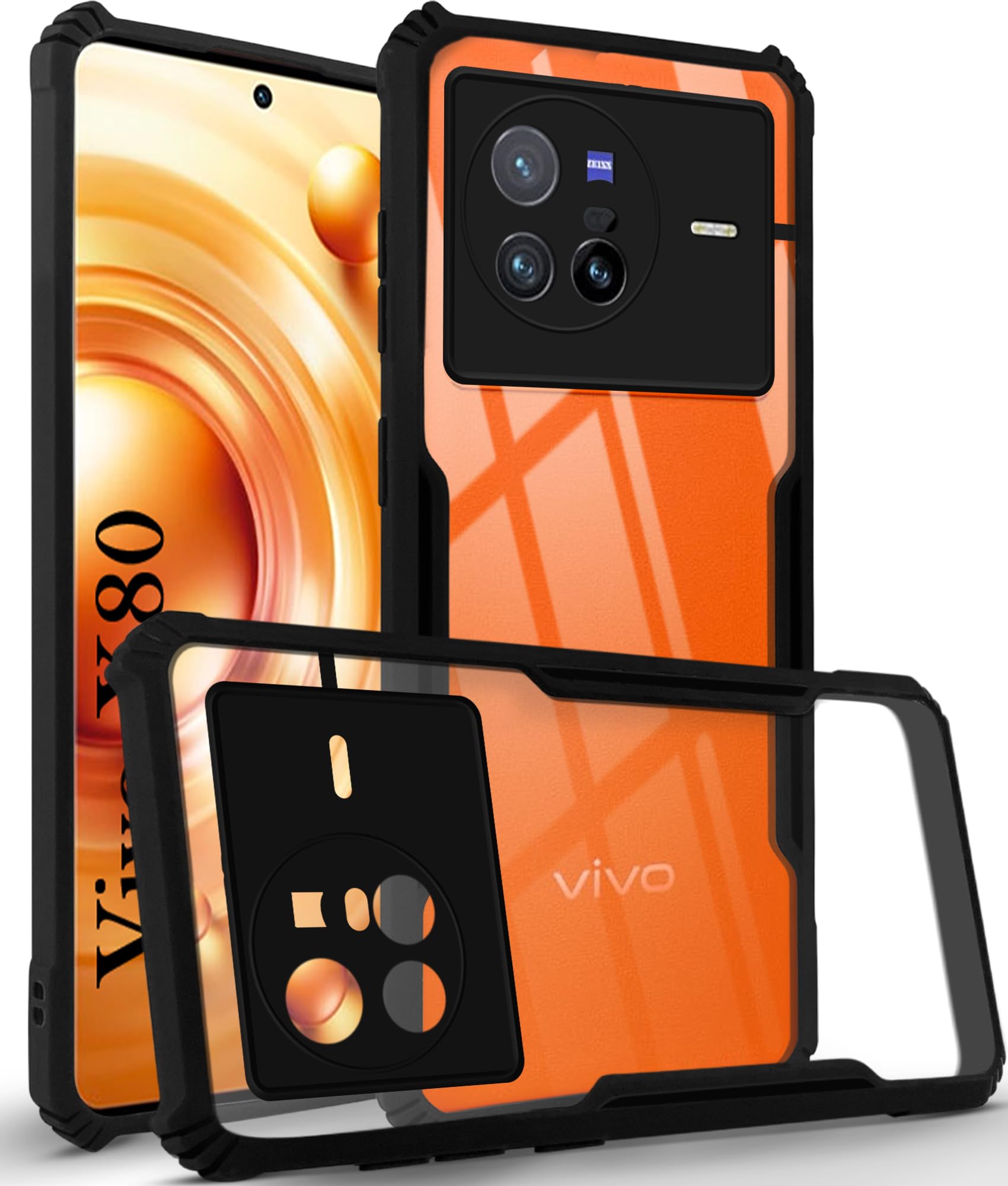 For Vivo X80 Back Cover Case (Shockproof with Polycarbonate Clear Panel | Professional Black)