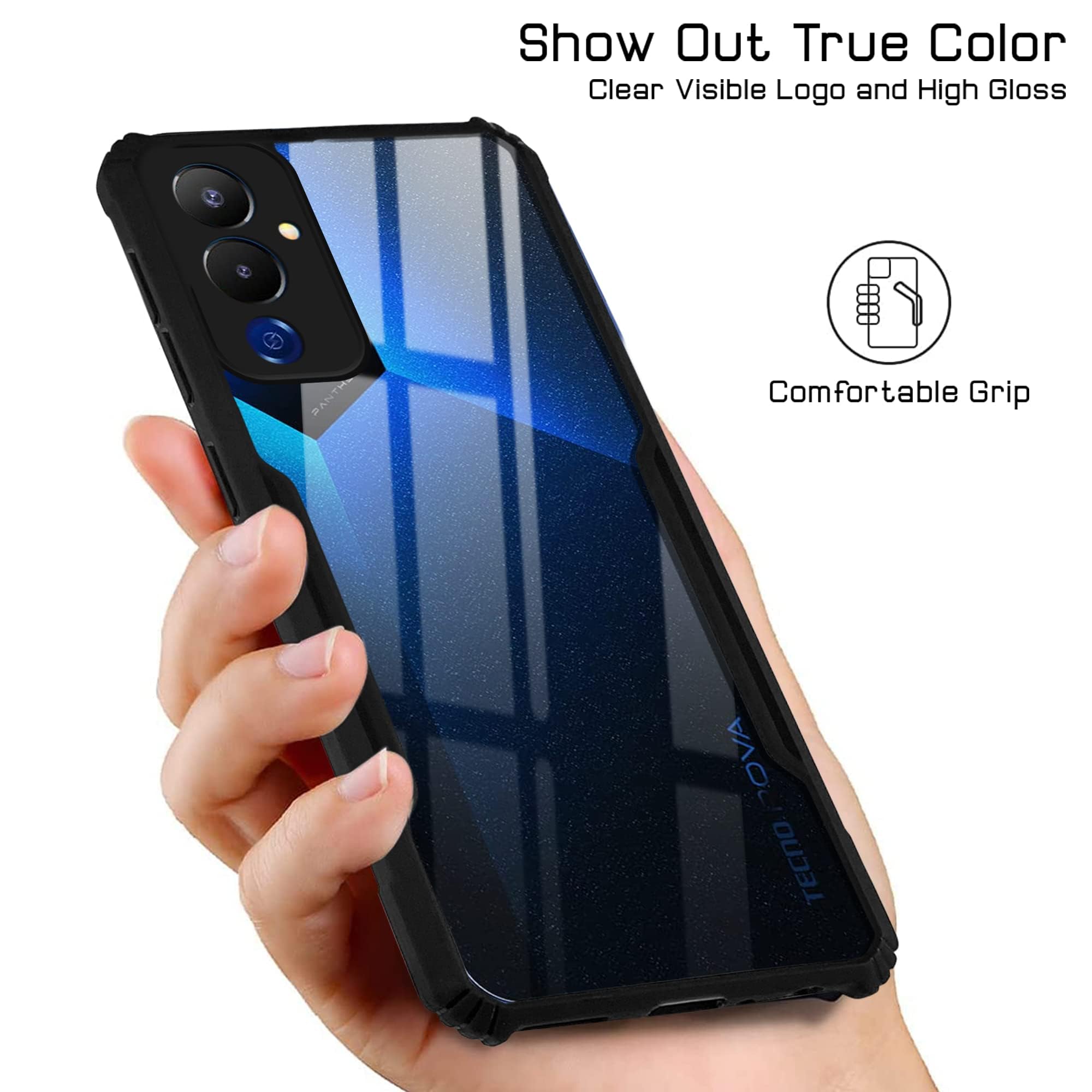 For Tecno Pova 4 Back Cover Case ( Shockproof with Polycarbonate Clear Panel | Professional Black)