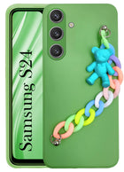 For Samsung Galaxy S24 Back Cover Girls Case with Bracelet (Wrist Hanging Chain | Teddy Toy Cartoon | Matte Green)