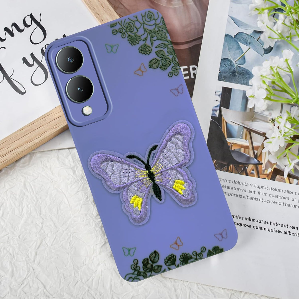 For Vivo Y17s Back Cover Case (Soft Butterfly Embroidery | Women Teen Girls | Camera Protection| Matte Silicone)