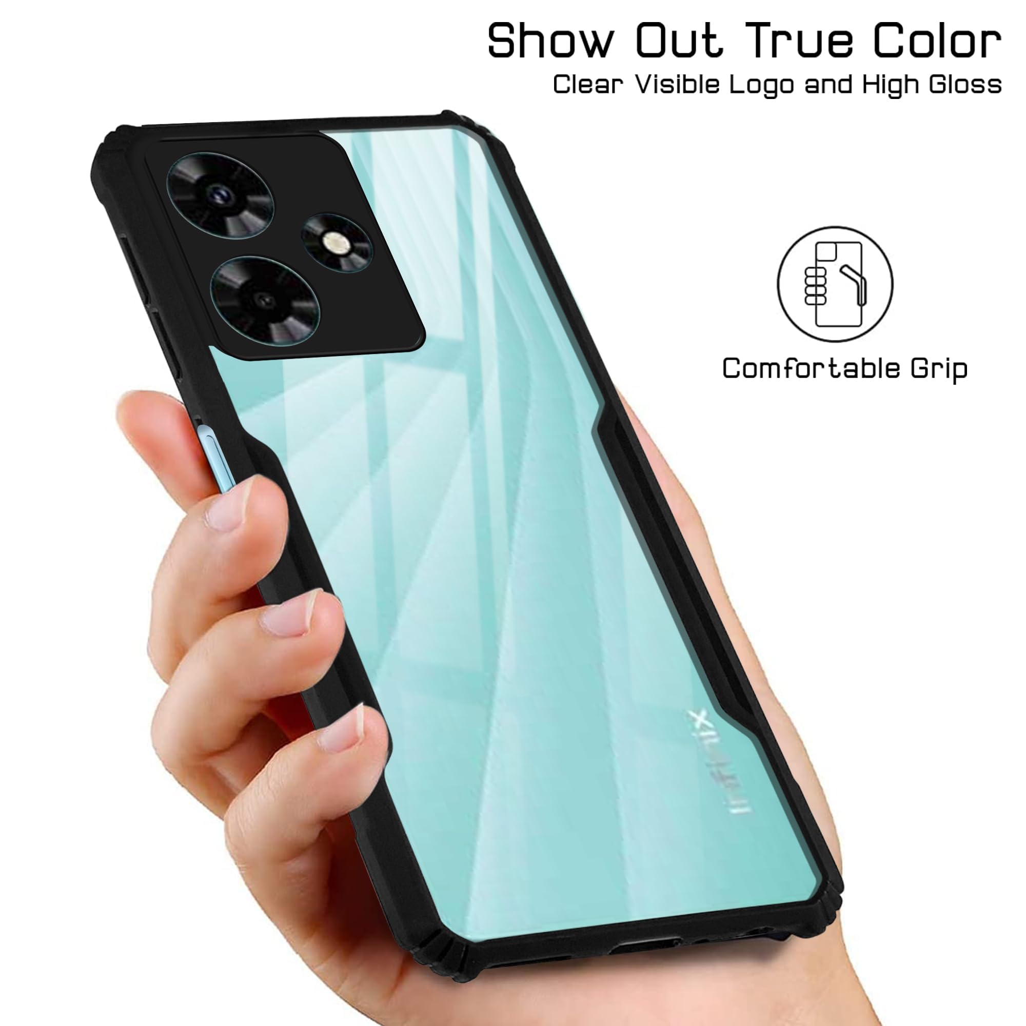 For Infinix Hot 30 Back Cover Case Hybrid (Shockproof with Polycarbonate Clear Panel | Professional Black)
