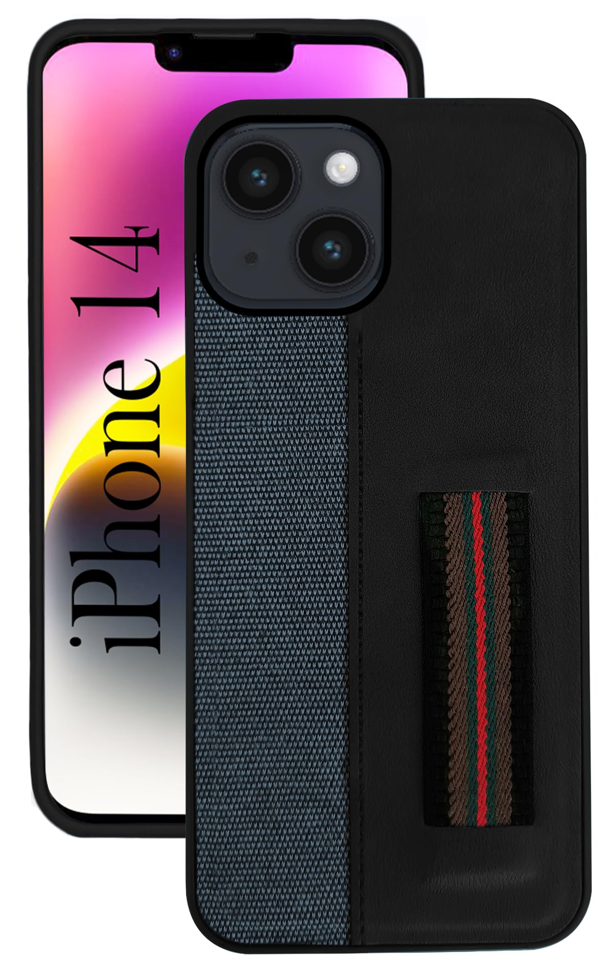 For Apple iPhone 14 Back Cover Case (Professional PU Leather | Strip Chain Holder Socket | Black)