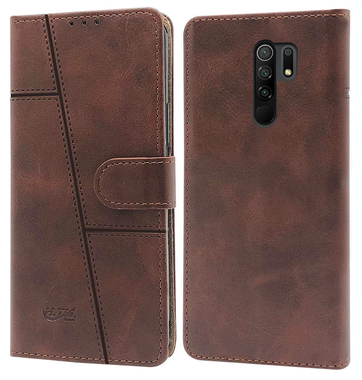 For Poco M2 Flip Cover Case (Stitched Leather Finish | Magnetic Closure | Inner TPU | Foldable Stand | Wallet Card Slots)