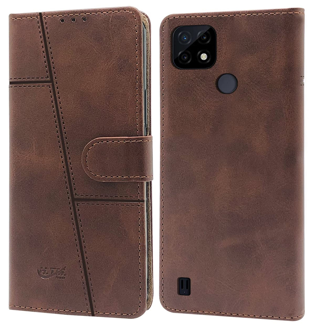 For Realme C21 Flip Cover Case (Stitched Leather Finish | Magnetic Closure | Inner TPU | Foldable Stand | Wallet Card Slots)