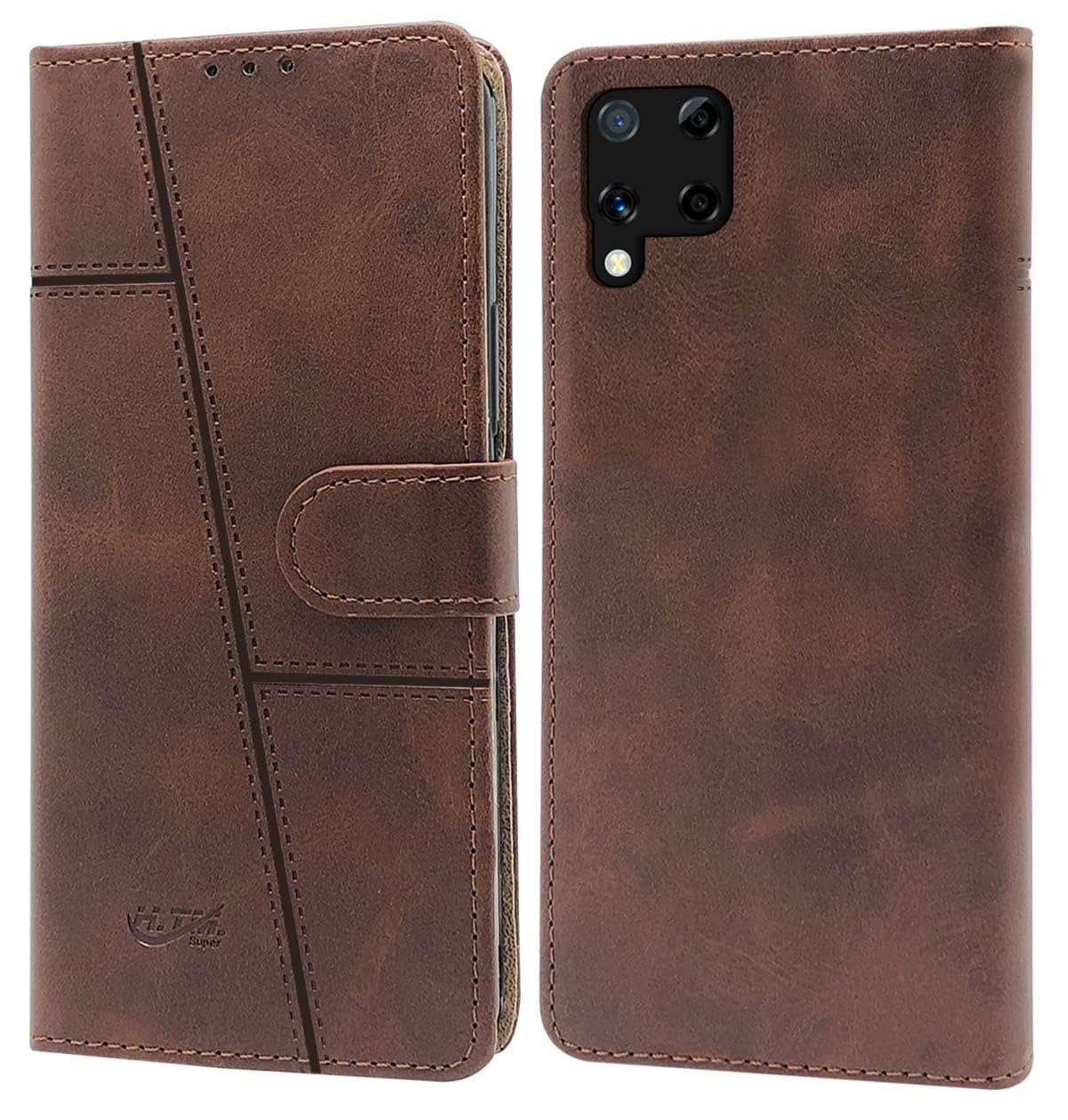 For Realme C15 Flip Cover Case (Stitched Leather Finish | Magnetic Closure | Inner TPU | Foldable Stand | Wallet Card Slots)