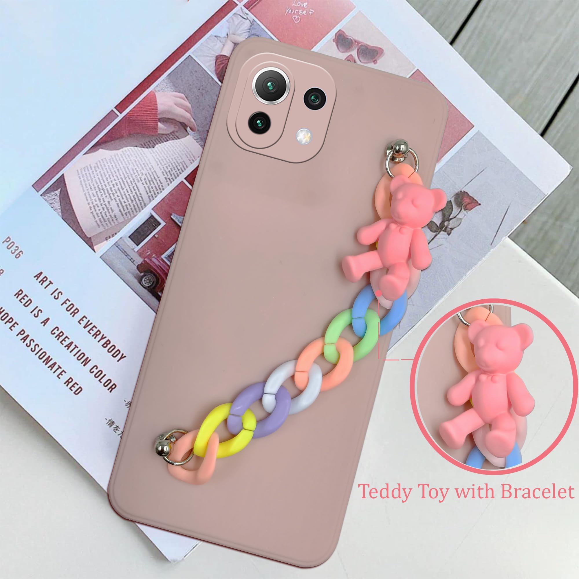 For Xiaomi 11 Lite 5G NE Back Cover Girls Case with Bracelet (Wrist Hanging Chain | Teddy Toy Cartoon)