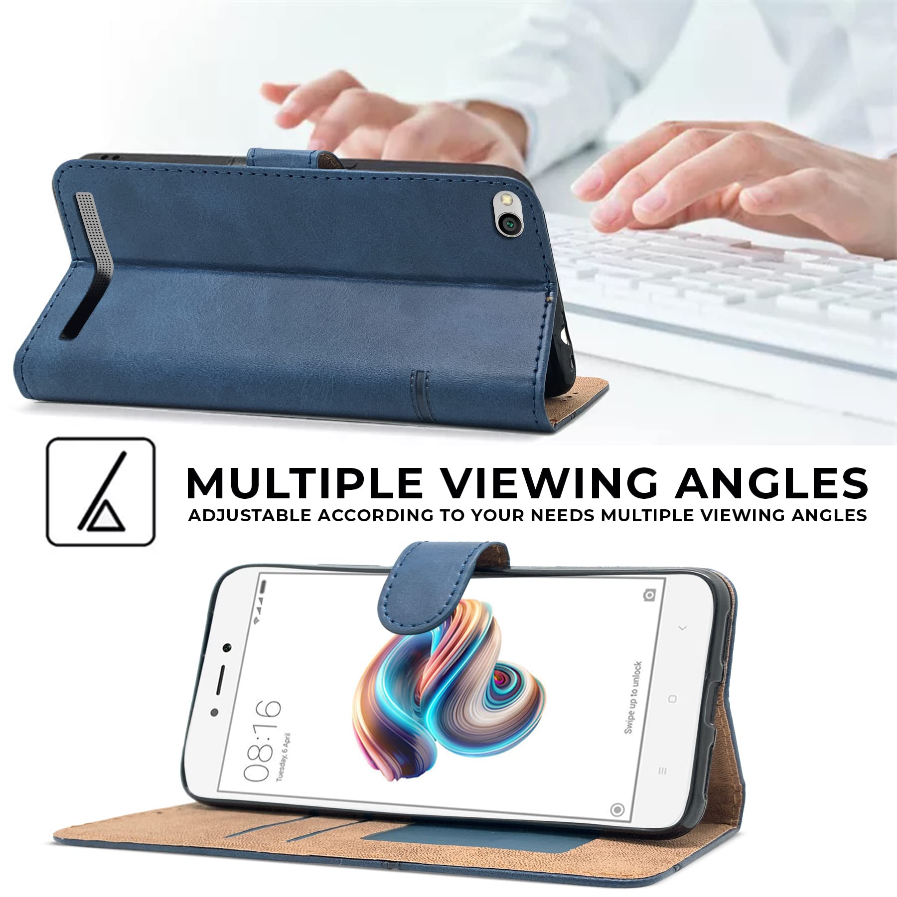 For Xiaomi Mi Redmi 5A Flip Cover Case (Stitched Leather Finish | Magnetic Closure | Inner TPU | Foldable Stand | Wallet Card Slots)