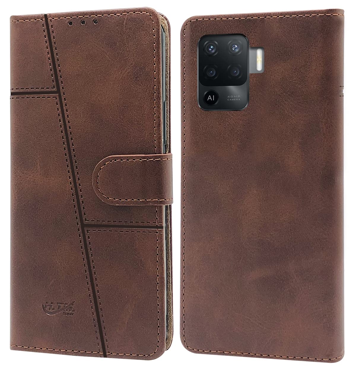For Oppo Reno5 Lite | Reno 5 Lite Flip Cover Case (Stitched Leather Finish | Magnetic Closure | Inner TPU | Foldable Stand | Wallet Card Slots)