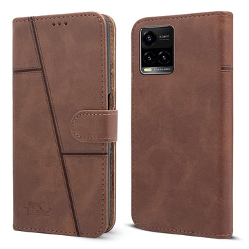 For Vivo Y33s Flip Cover Case (Stitched Leather Finish | Magnetic Closure | Inner TPU | Foldable Stand | Wallet Card Slots)