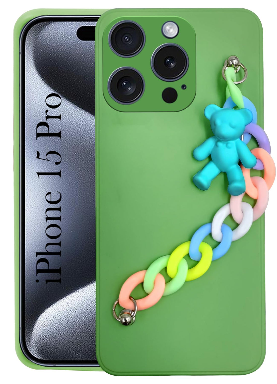 For iPhone 15 Pro Back Cover for Girls Case with Bracelet (Wrist Hanging Chain | Teddy Toy Cartoon)