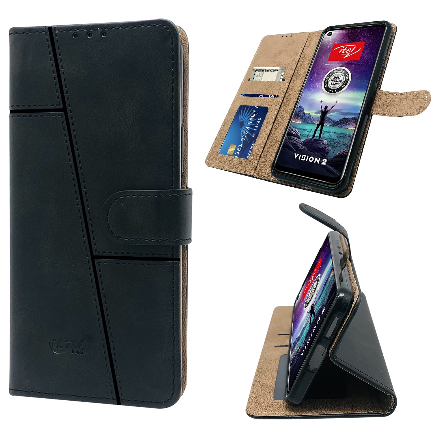For Itel Vision 2 Flip Cover Case (Stitched Leather Finish | Magnetic Closure | Inner TPU | Foldable Stand | Wallet Card Slots)
