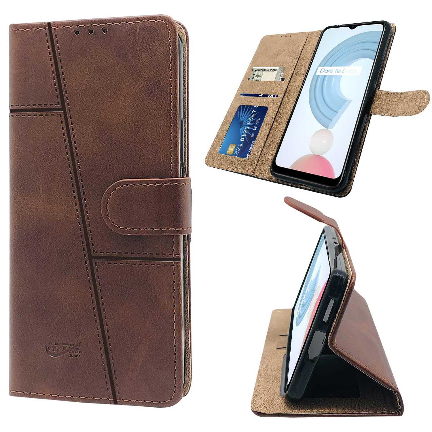 For Realme C21 Flip Cover Case (Stitched Leather Finish | Magnetic Closure | Inner TPU | Foldable Stand | Wallet Card Slots)