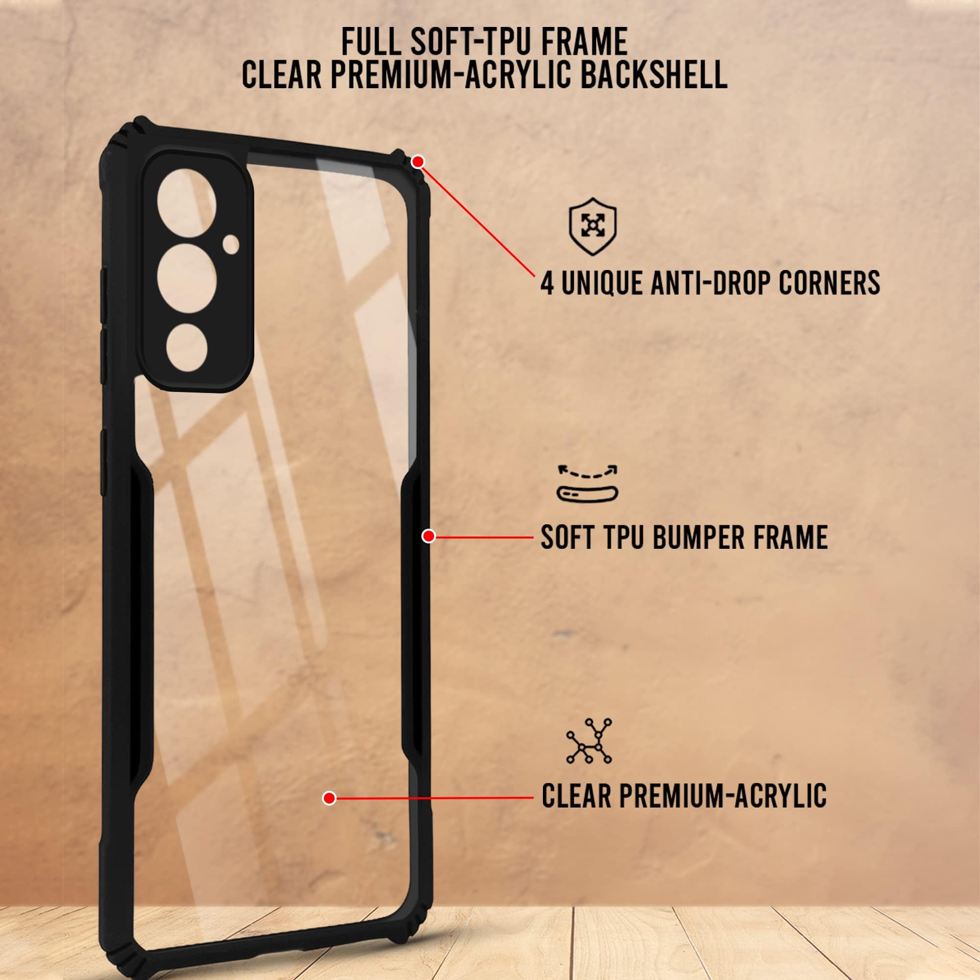 For Tecno Pova 4 Back Cover Case ( Shockproof with Polycarbonate Clear Panel | Professional Black)