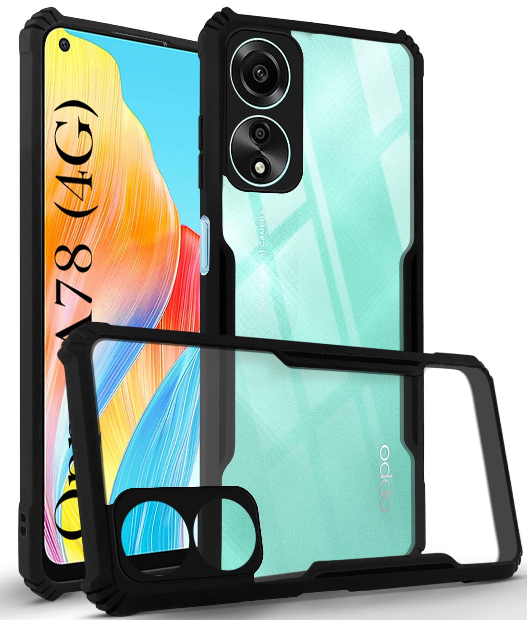 For Oppo A78 4G  Back Cover Case ( Shockproof with Polycarbonate Clear Panel | Professional Black)