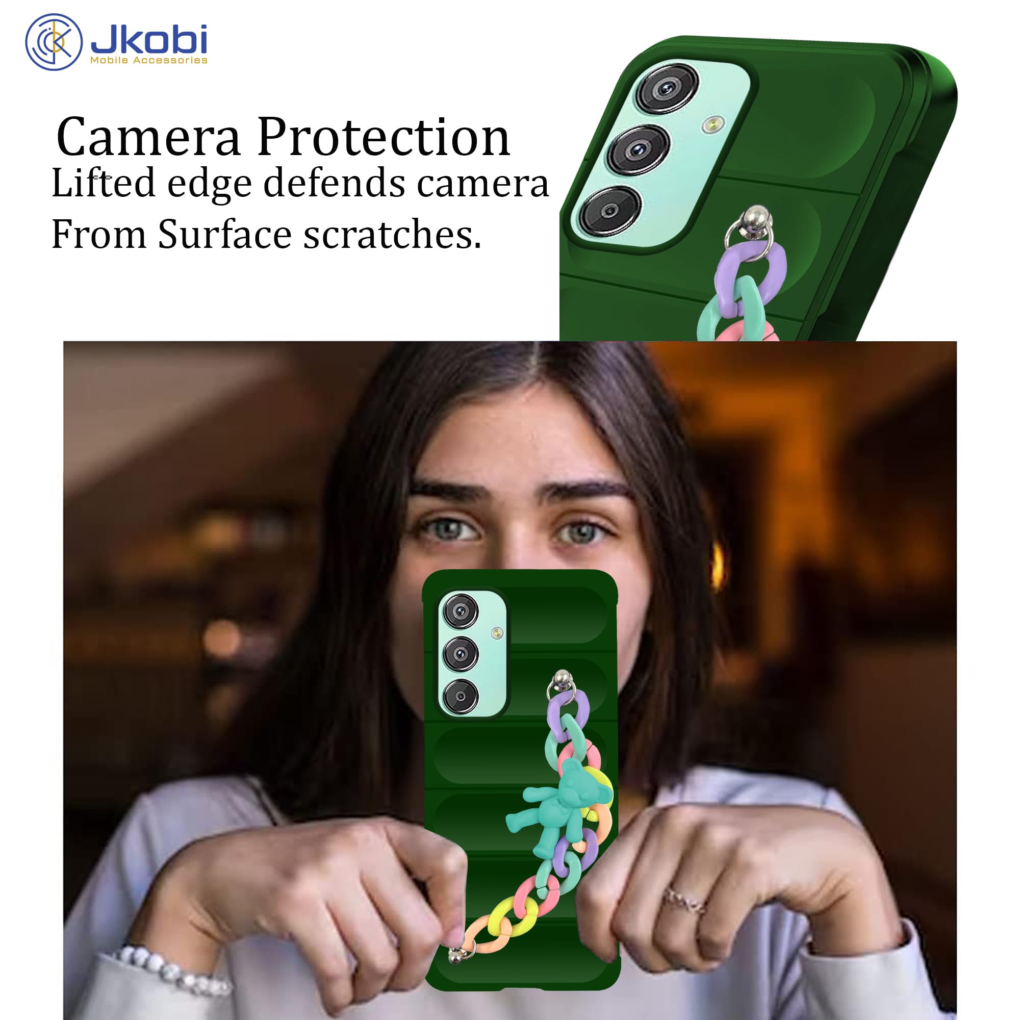 For Samsung Galaxy M15 5G Back Cover Girls Case with Bracelet (Wrist Hanging Chain | Micro-Fiber Cloth Inside | Matte Green )