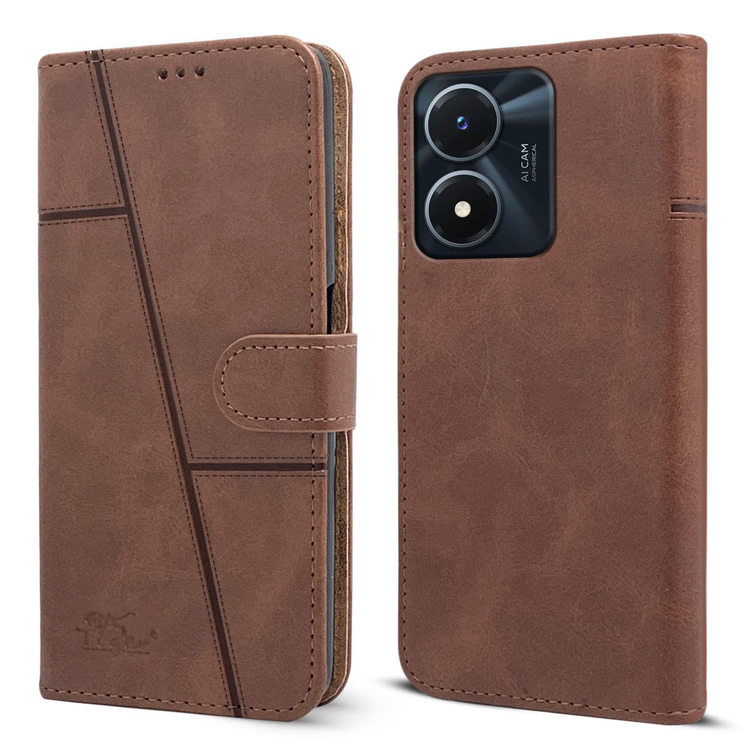 For Vivo Y02s Flip Cover Case (Stitched Leather Finish | Magnetic Closure | Inner TPU | Foldable Stand | Wallet Card Slots)