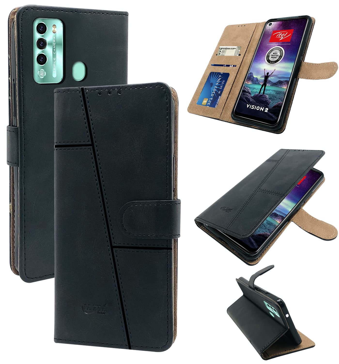 For Itel Vision 2 Flip Cover Case (Stitched Leather Finish | Magnetic Closure | Inner TPU | Foldable Stand | Wallet Card Slots)