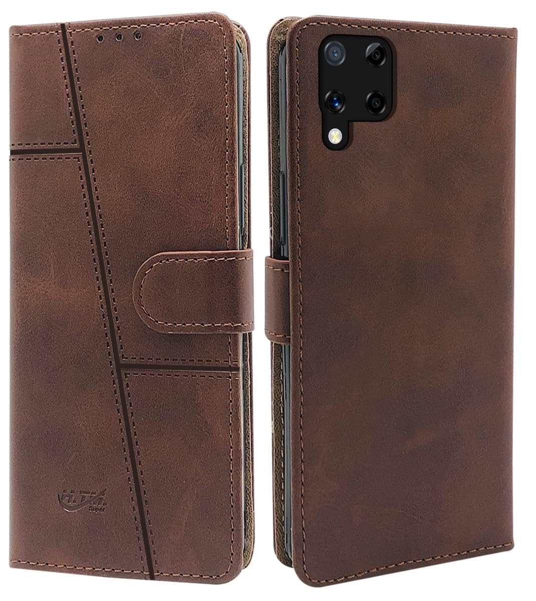 For Realme C15 Flip Cover Case (Stitched Leather Finish | Magnetic Closure | Inner TPU | Foldable Stand | Wallet Card Slots)