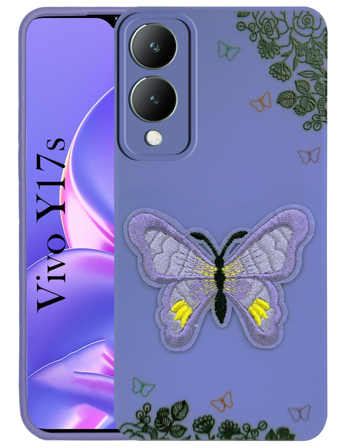 For Vivo Y17s Back Cover Case (Soft Butterfly Embroidery | Women Teen Girls | Camera Protection| Matte Silicone)
