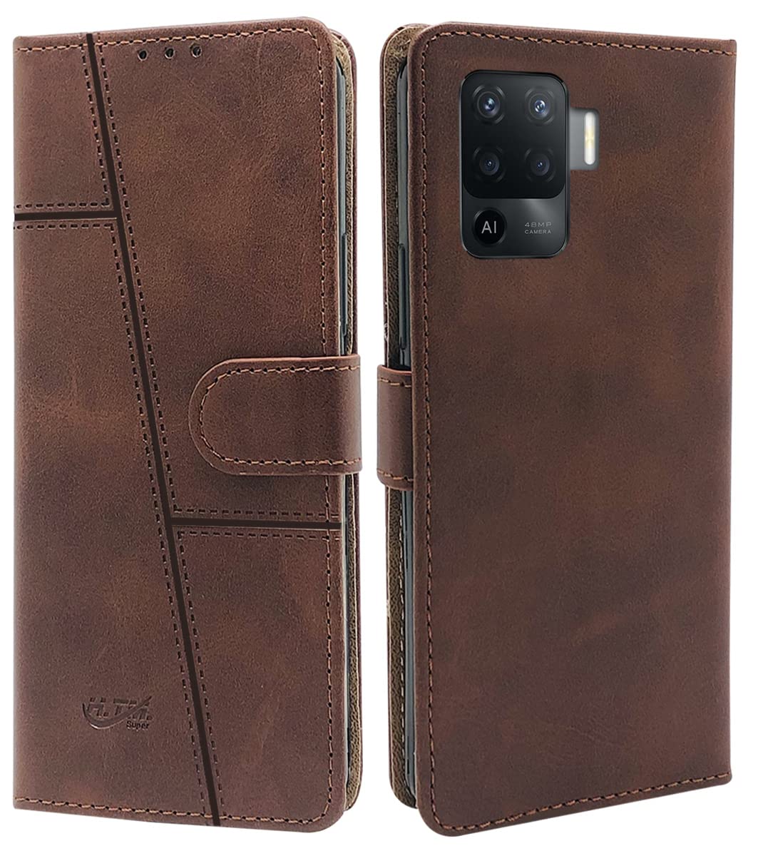 For Oppo Reno5 Lite | Reno 5 Lite Flip Cover Case (Stitched Leather Finish | Magnetic Closure | Inner TPU | Foldable Stand | Wallet Card Slots)