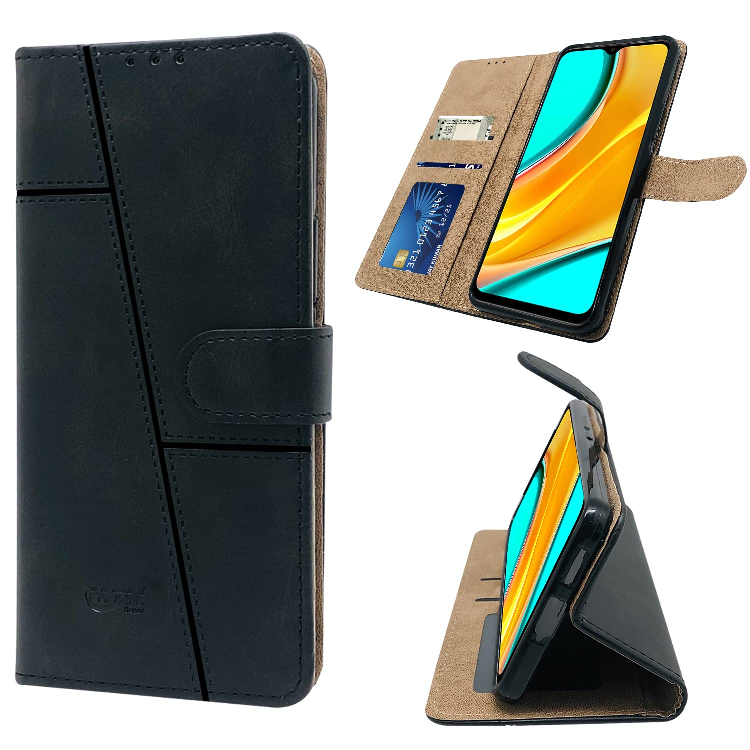 For Xiaomi Mi Redmi 9 Prime Flip Cover Case (Stitched Leather Finish | Magnetic Closure | Inner TPU | Foldable Stand | Wallet Card Slots)