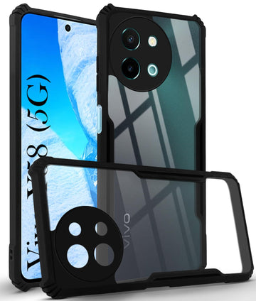 For Vivo Y58 5G Back Case Cover (Polycarbonate with Shockproof Clear Panel | Crystal Glass Back | Camera Protection | Black)