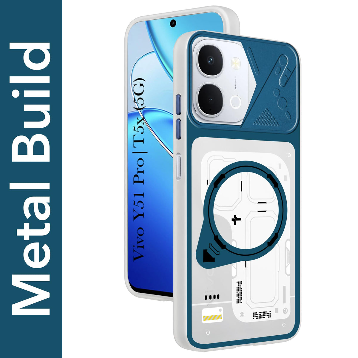 For Vivo Y51 Pro 5G | Vivo T5x Metallic Back Cover Case (Metallic Camera Protection & Buttons | Translucent Milky Shade | Hard Polycarbonate)