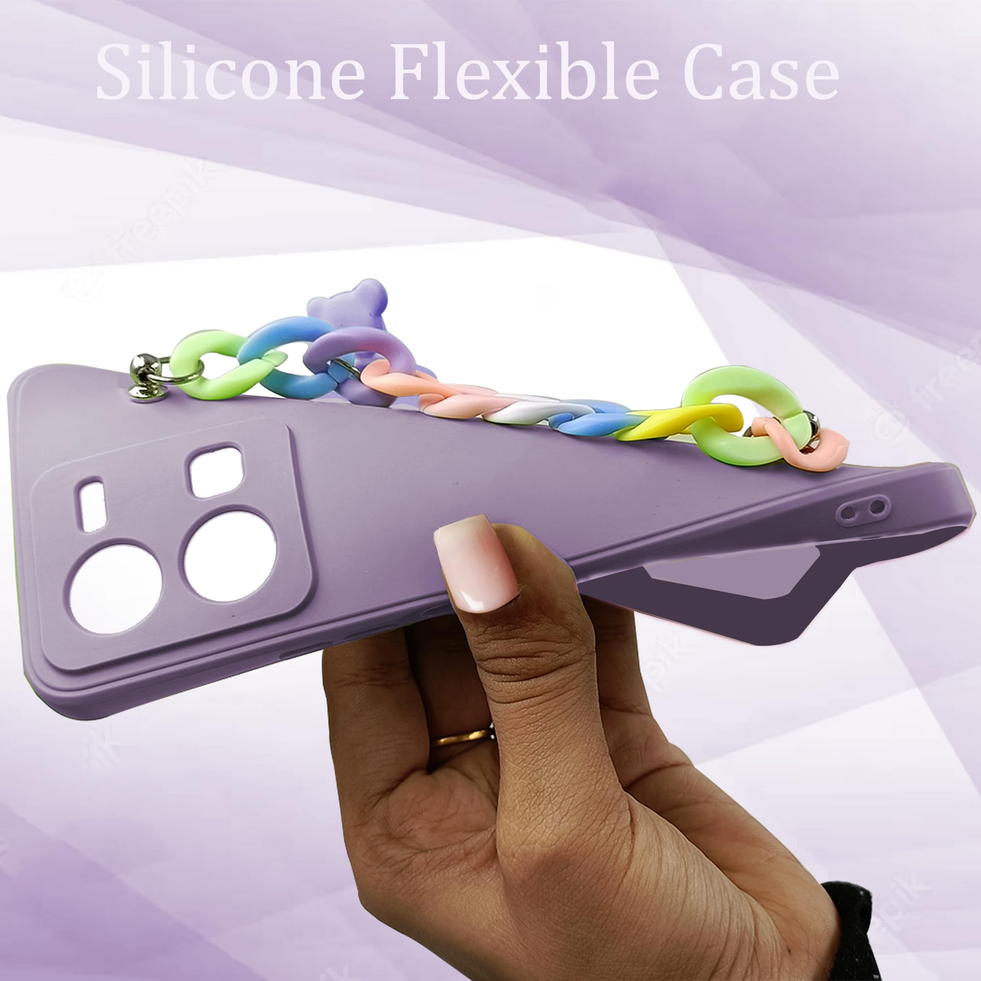 For Vivo V21e 5G Back Cover Girls Case with Bracelet (Wrist Hanging Chain | Teddy Toy Cartoon | Matte Pink)