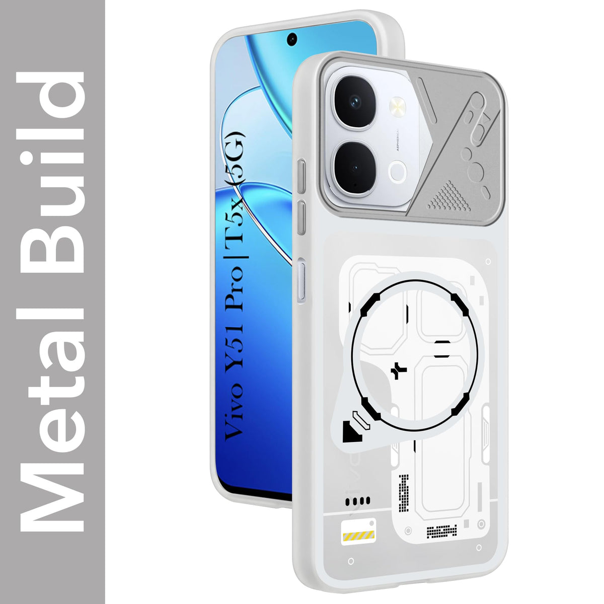 For Vivo Y51 Pro 5G | Vivo T5x Metallic Back Cover Case (Metallic Camera Protection & Buttons | Translucent Milky Shade | Hard Polycarbonate)