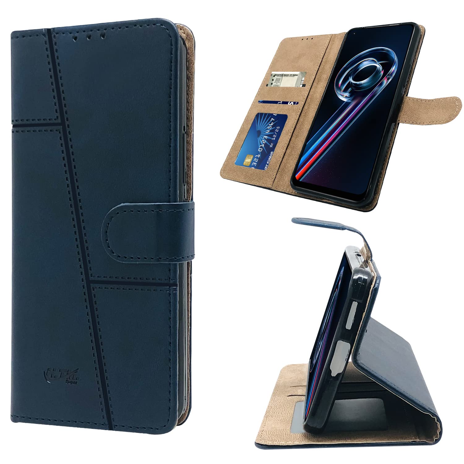 For Realme 9 Pro Flip Cover Case (Stitched Leather Finish | Magnetic Closure | Inner TPU | Foldable Stand | Wallet Card Slots)
