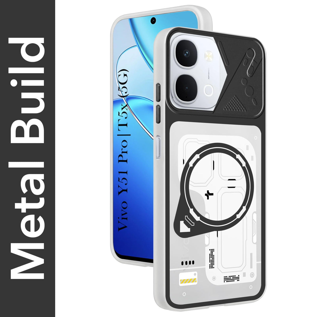 For Vivo Y51 Pro 5G | Vivo T5x Metallic Back Cover Case (Metallic Camera Protection & Buttons | Translucent Milky Shade | Hard Polycarbonate)