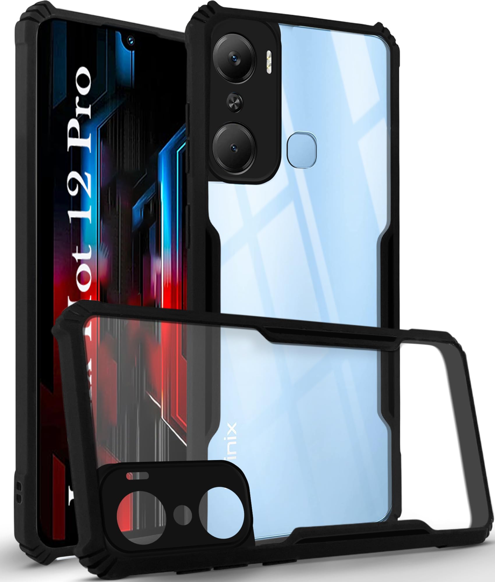 For Infinix Hot 12 Pro Back Cover Case (Shockproof with Polycarbonate Clear Panel | Professional Black)